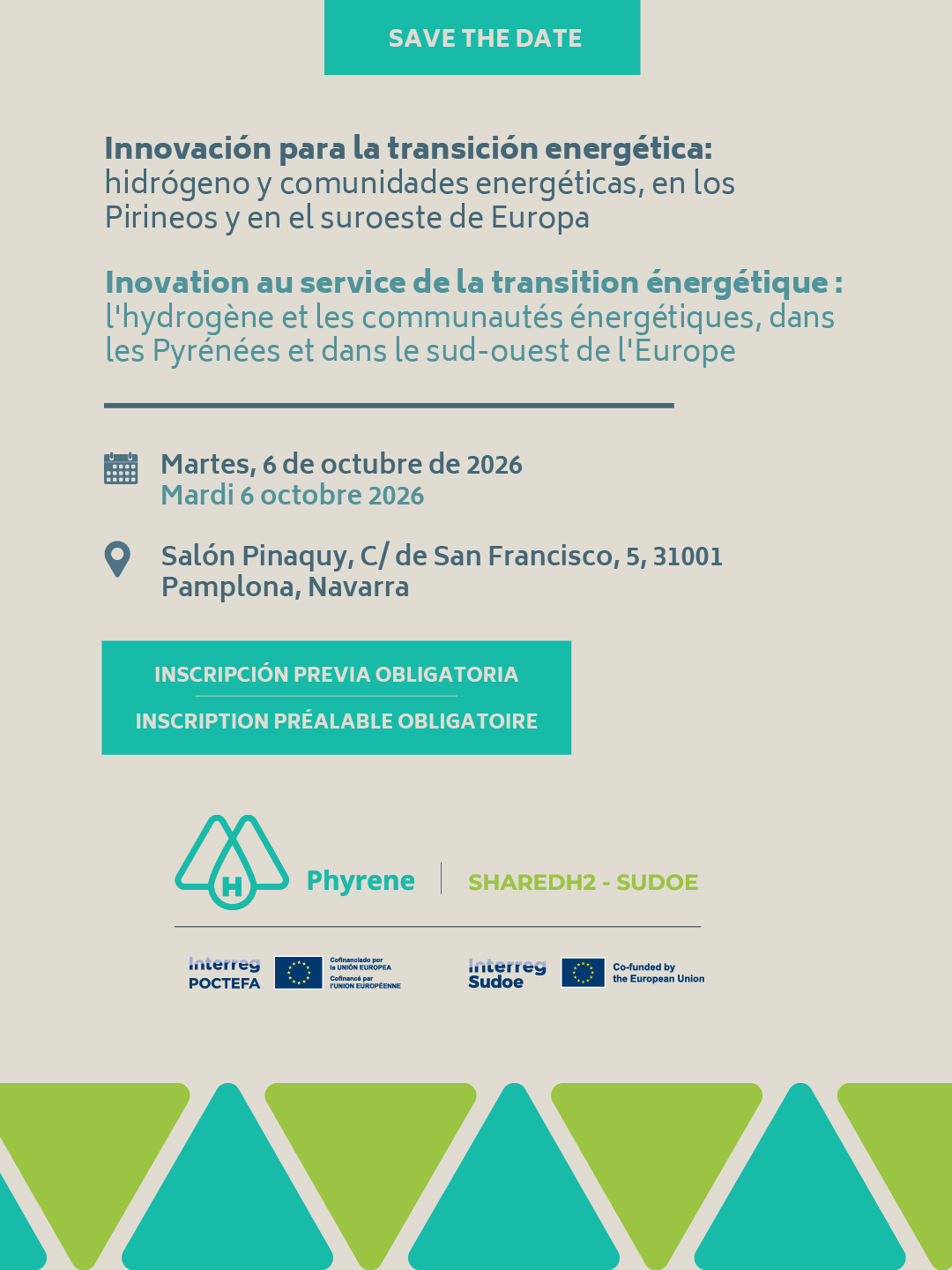 SAVE THE DATE-DIGITAL_PHYRENE_SHAREDH2_06.10.2026 Cartel oficial del evento sobre hidrógeno renovable transfronterizo PHYRENE y SHAREDH2 en Pamplona - Fundación Hidrógeno Aragón